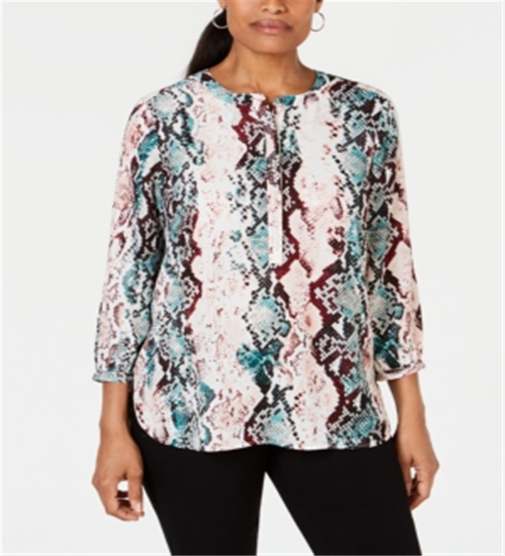 JM Collection Women's Printed 3-4 Sleeve Top Green- Pink Multi Size -Petite XL