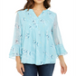 Charter Club Women's Double Ruffle Printed Pintuck Top Blue Size X-Small