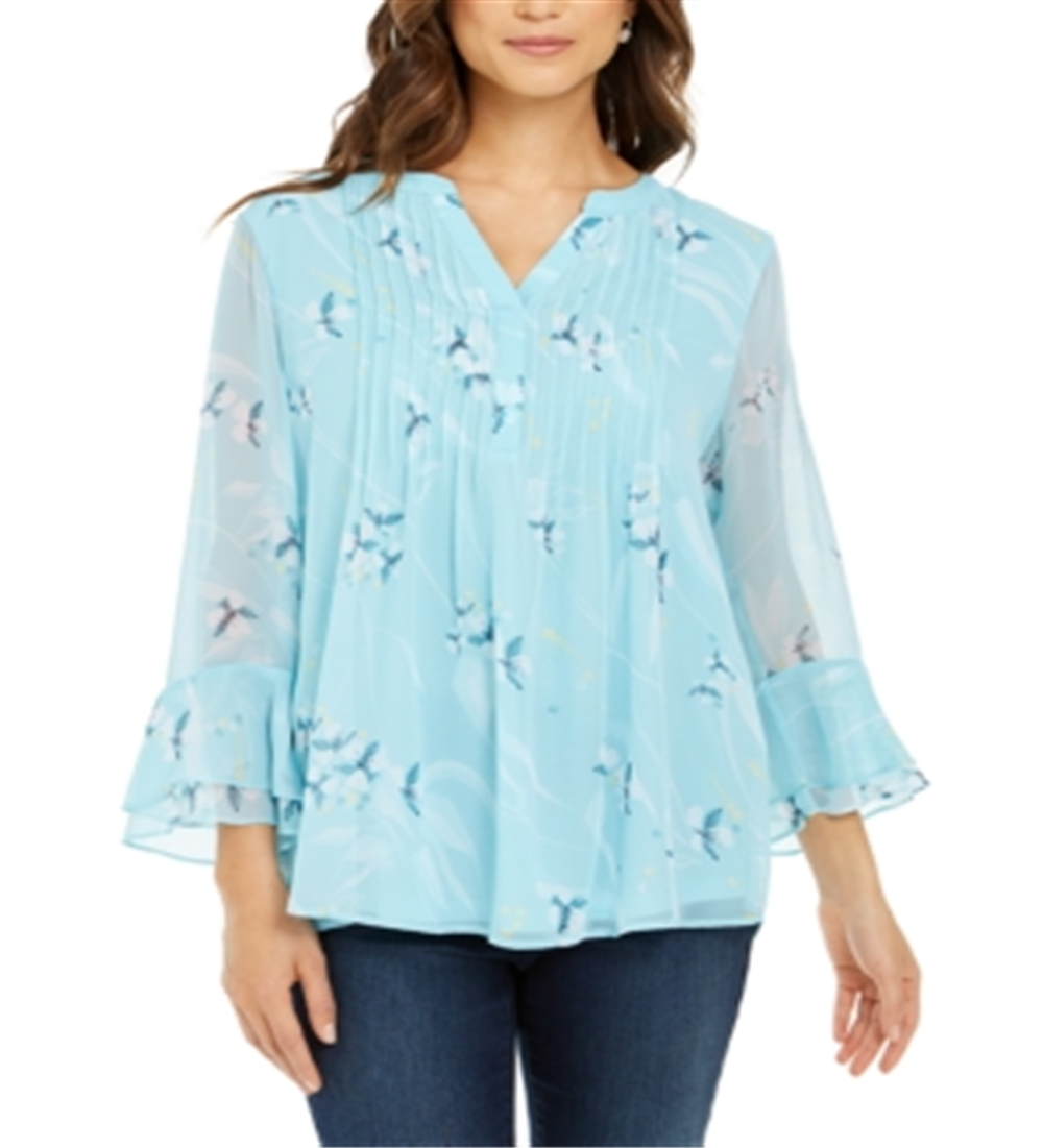 Charter Club Women's Double Ruffle Printed Pintuck Top Blue Size X-Small