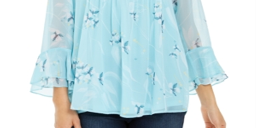 Charter Club Women's Double Ruffle Printed Pintuck Top Blue Size X-Small