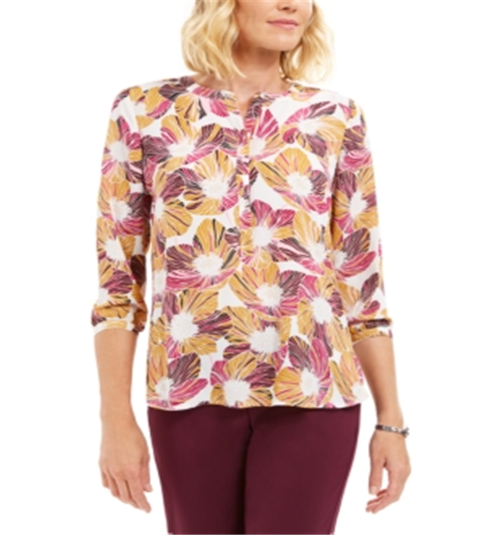 JM Collection Women's Printed Pleated Back Top Purple Size Petite Small