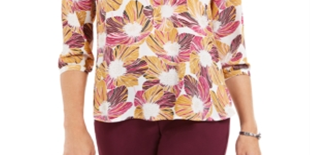 JM Collection Women's Printed Pleated Back Top Purple Size Petite Small