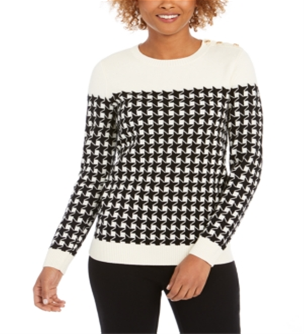 Charter Club Women's Houndstooth Button Shoulder Sweater Black - White Size Petite XL