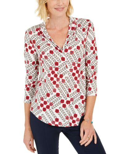 Charter Club Women's Printed V Neck Top White Size XX-Large