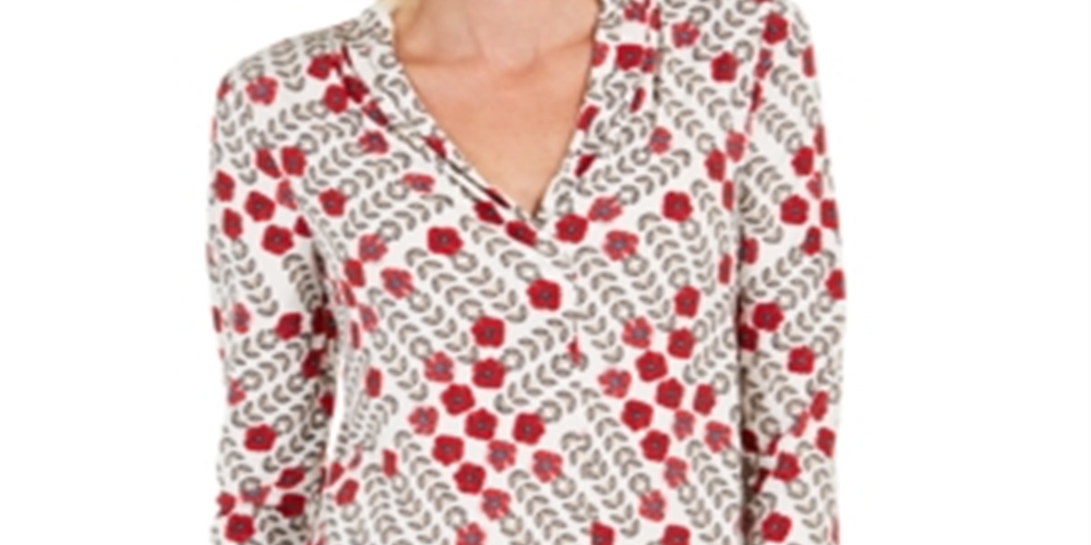 Charter Club Women's Printed V Neck Top White Size XX-Large