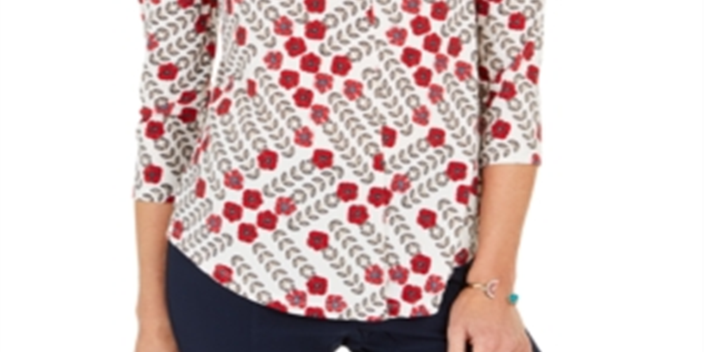 Charter Club Women's Printed V Neck Top White Size XX-Large