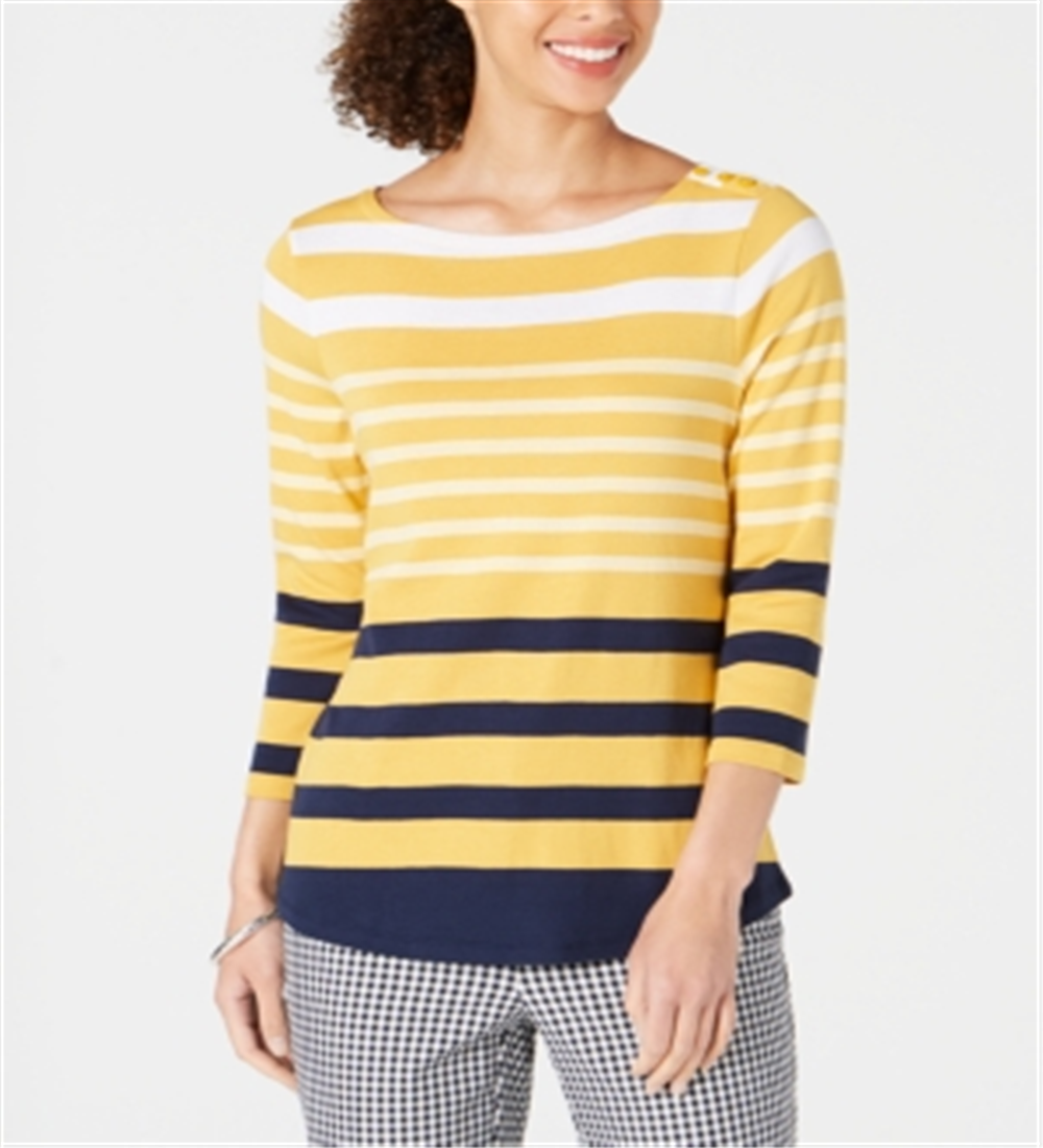 Charter Club Women's Pima Cotton Button Shoulder Stripe Top Yellow Size XX-Large