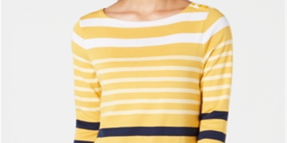 Charter Club Women's Pima Cotton Button Shoulder Stripe Top Yellow Size XX-Large