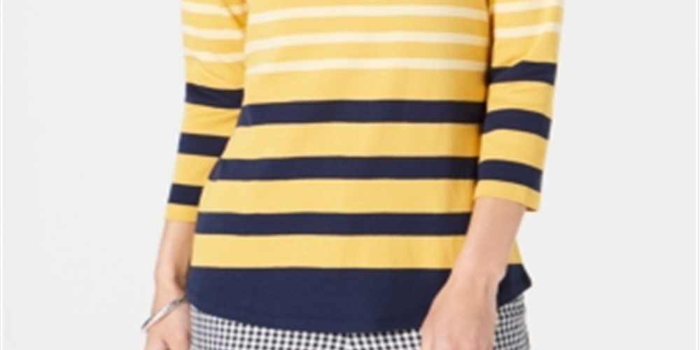 Charter Club Women's Pima Cotton Button Shoulder Stripe Top Yellow Size XX-Large
