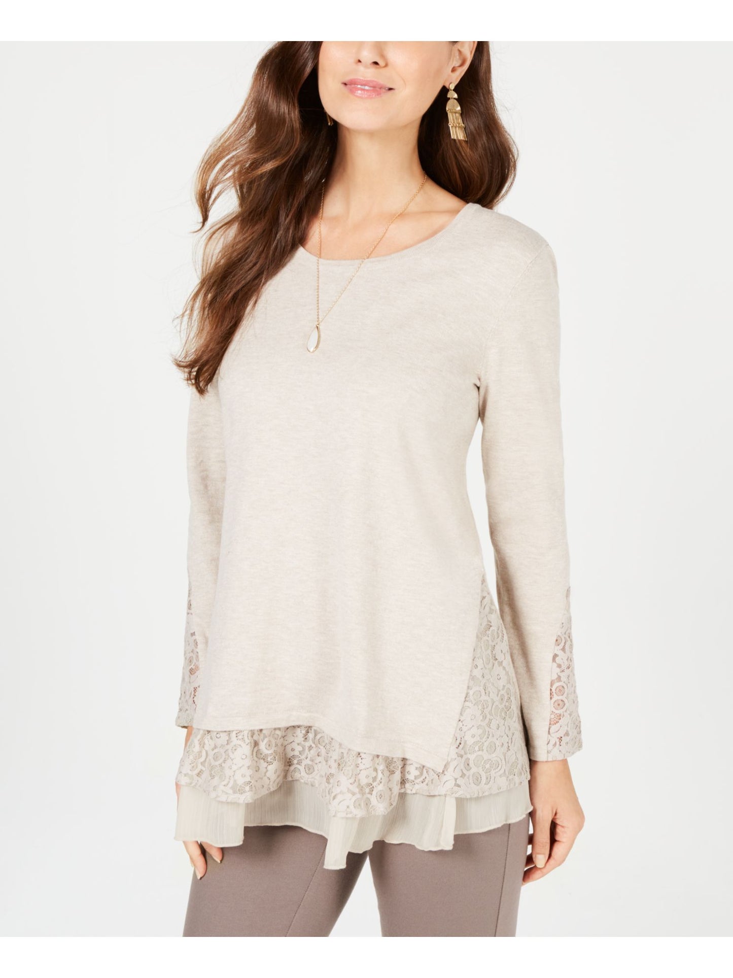 Style & Co Women's Lace TrimLong Sleeve Top Brown Size Petite M