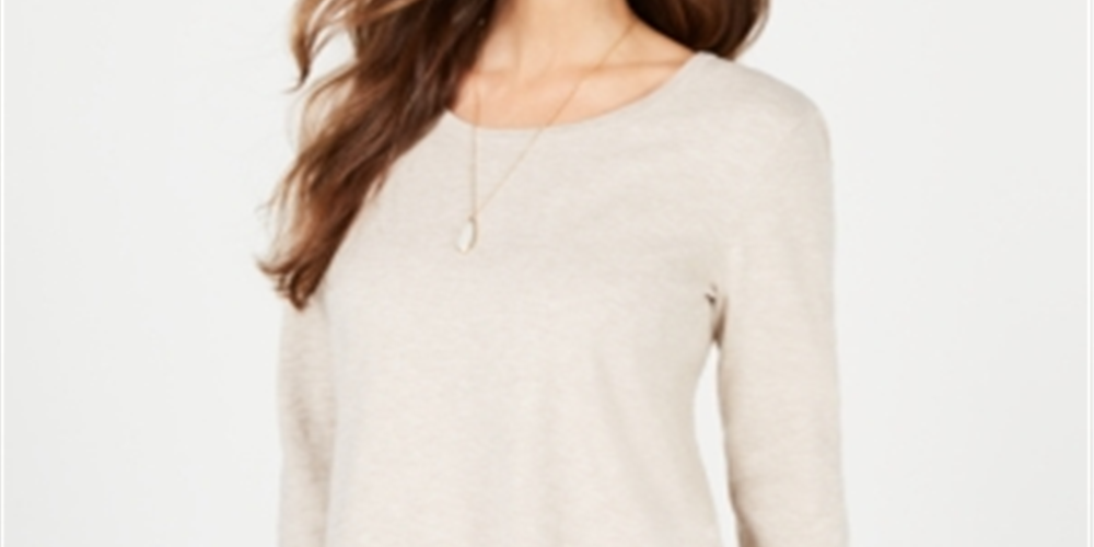 Style & Co Women's Lace TrimLong Sleeve Top Brown Size Petite M