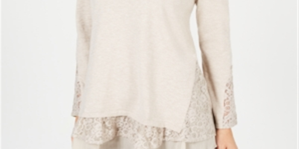 Style & Co Women's Lace TrimLong Sleeve Top Brown Size Petite M