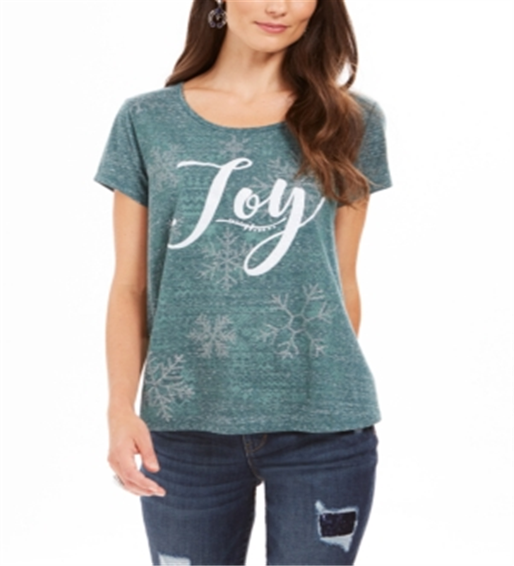 Style & Co Women's Joy Graphic Print T-Shirt Green Size Petite Small