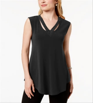 JM Collection Women's Embellished Cutout Tank Top Black Size Small