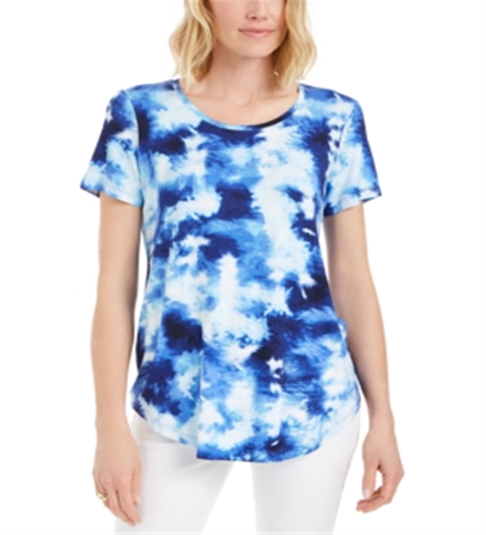 JM Collection Women's Printed Scoop Neck T-Shirt Blue Size Small