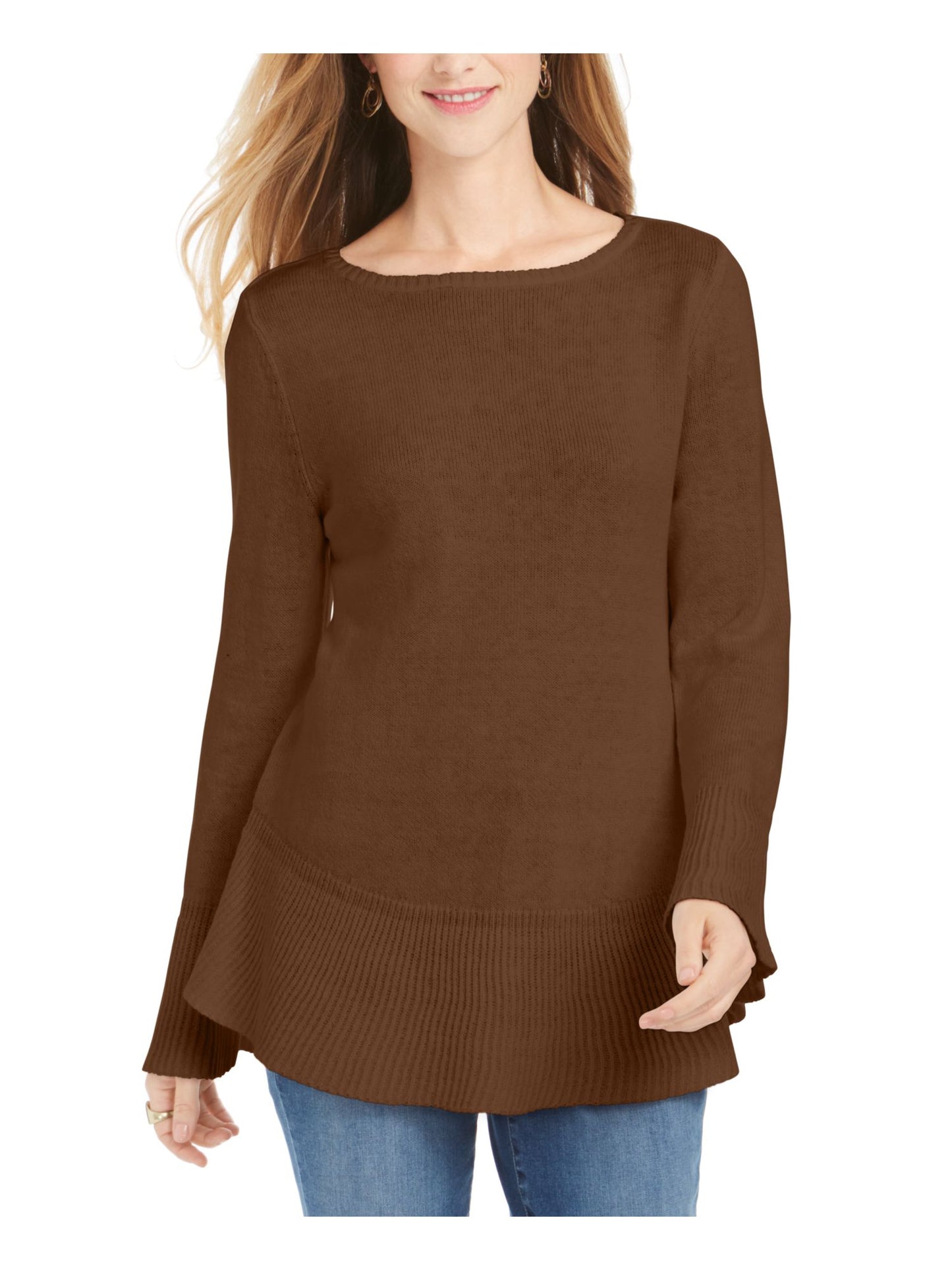 Style & Co Women's Ribbed Patterned Long Sleeve Jewel Neck Blouse Sweater Brown Size Petite Medium