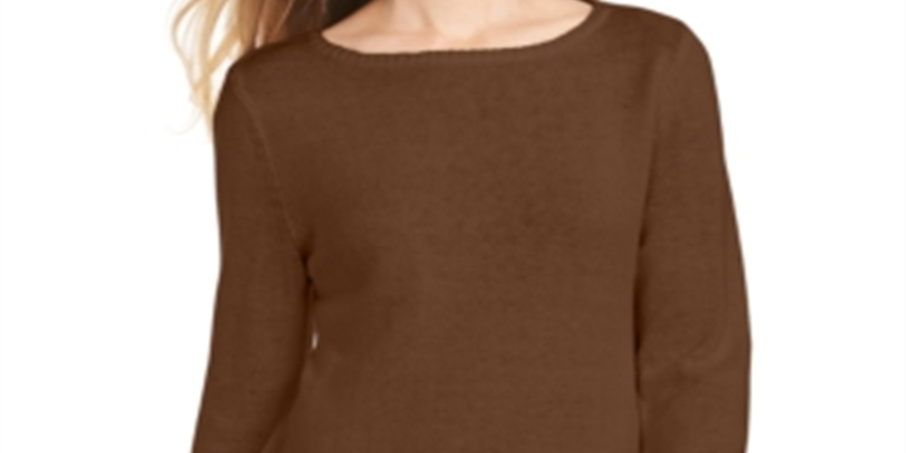 Style & Co Women's Ribbed Patterned Long Sleeve Jewel Neck Blouse Sweater Brown Size Petite Medium