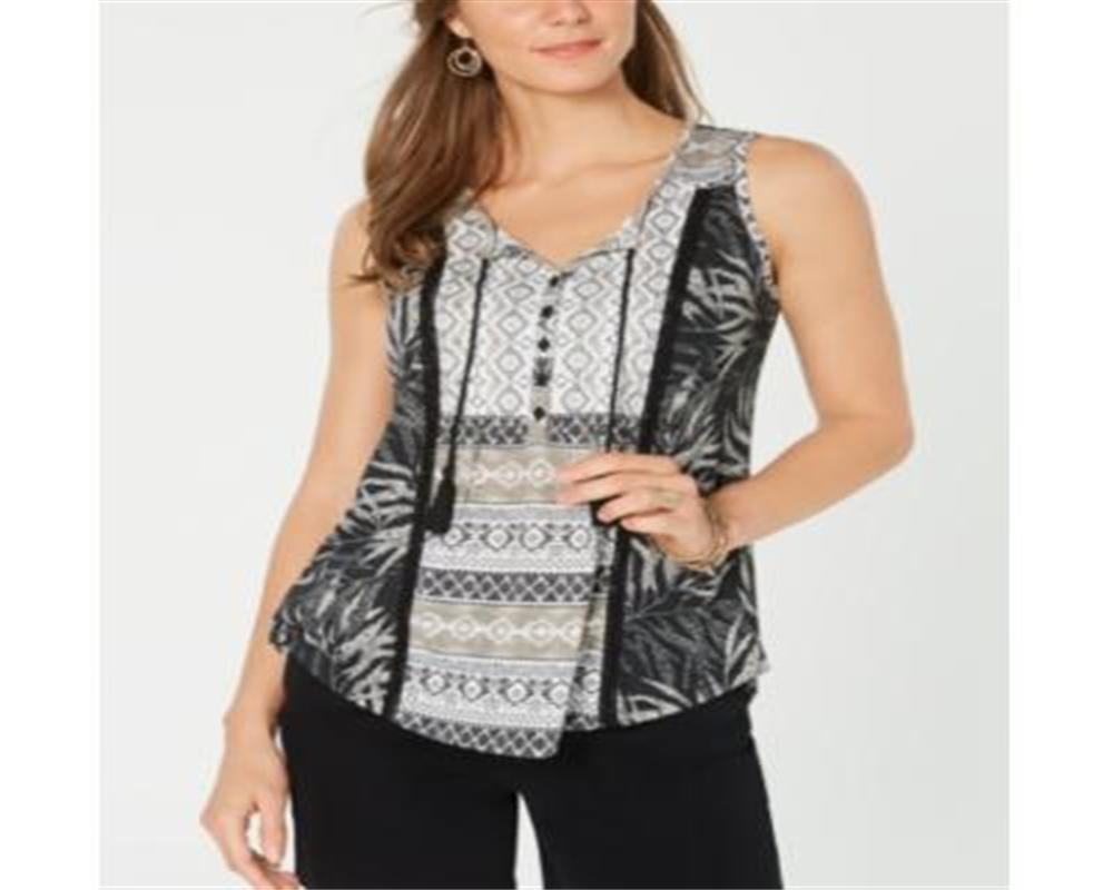 Style & Co Women's Mixed Print Top Black Mulit  Size Petite L