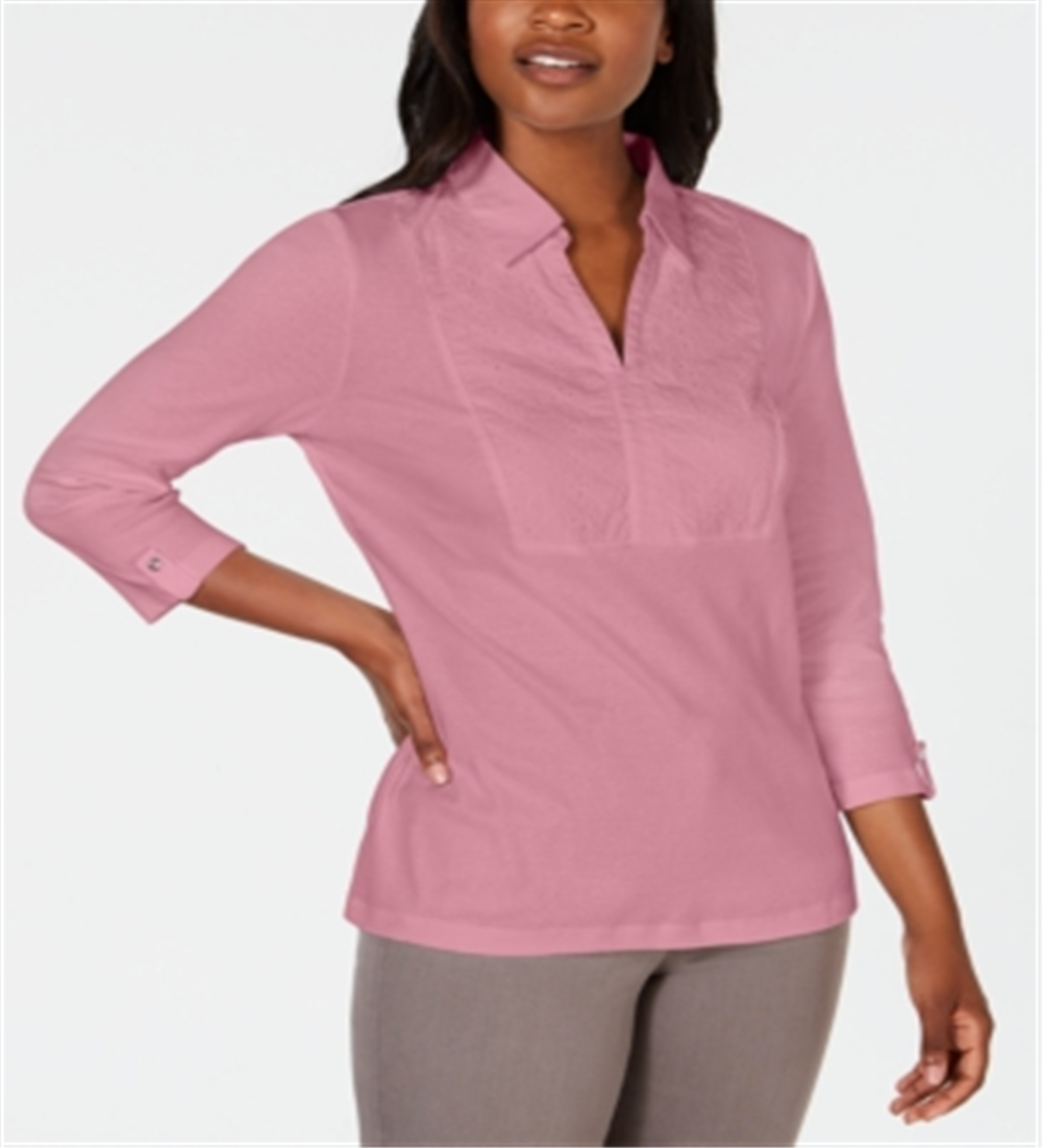 Karen Scott Women's Cotton Eyelet Yoke Top Pink Size XX-Large