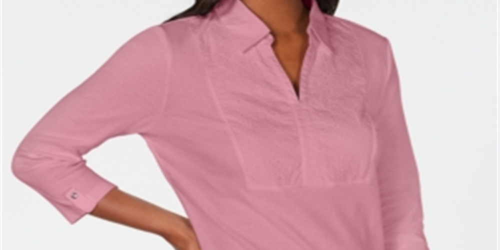 Karen Scott Women's Cotton Eyelet Yoke Top Pink Size XX-Large
