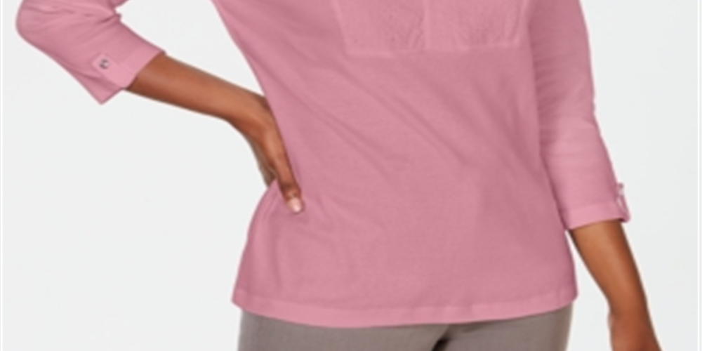 Karen Scott Women's Cotton Eyelet Yoke Top Pink Size XX-Large