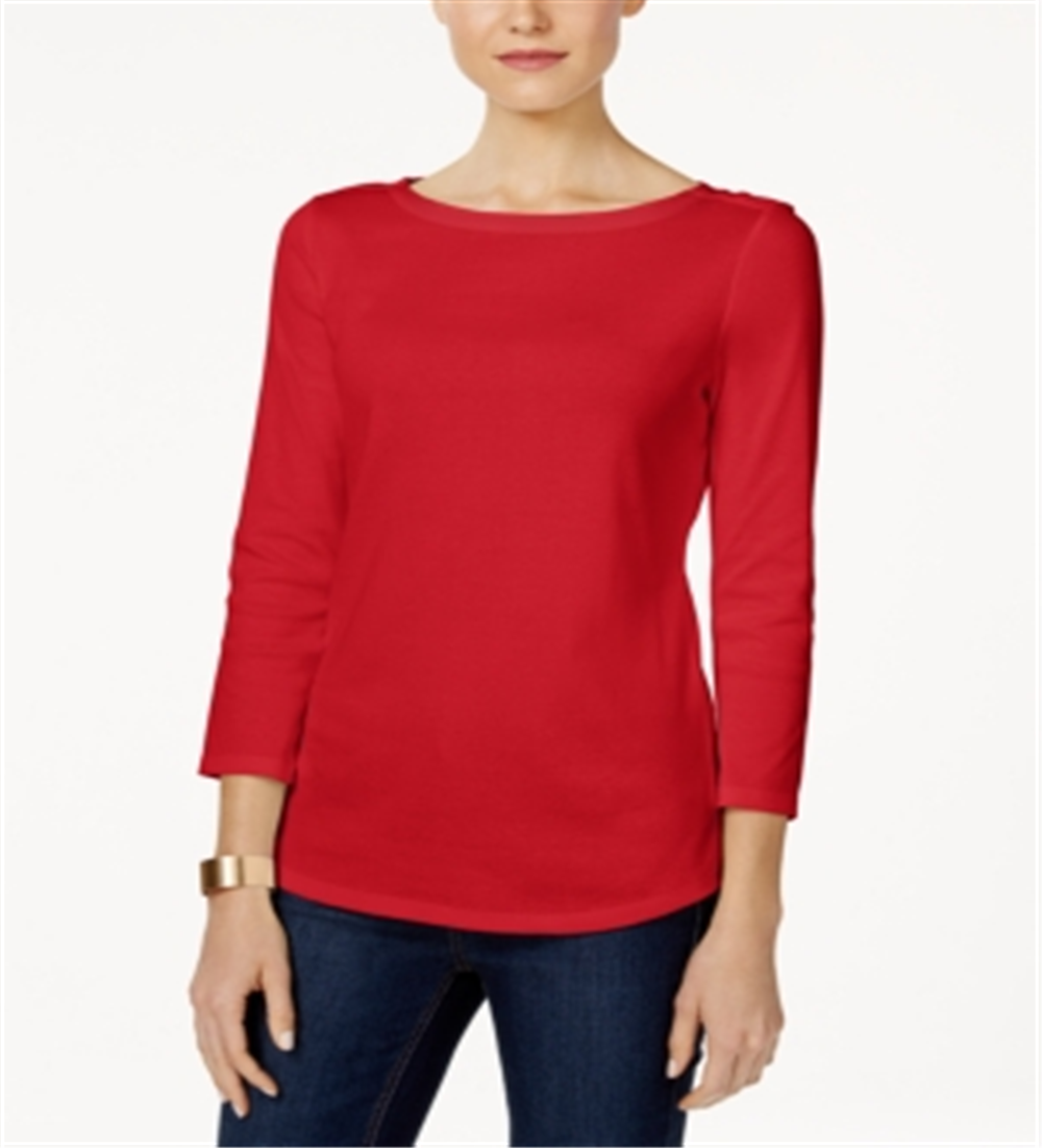 Charter Club Women's Pima Cotton Button Shoulder Top Red Size Petite L