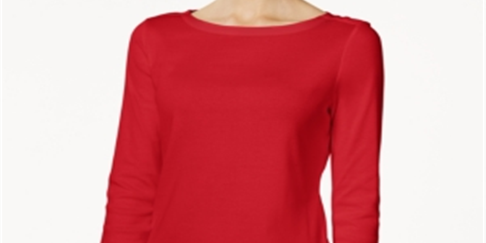 Charter Club Women's Pima Cotton Button Shoulder Top Red Size Petite L
