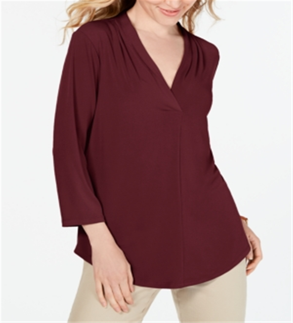 Charter Club Women's Pleat Neck 3/4 Sleeve Top Cranberry Size Petite S/M