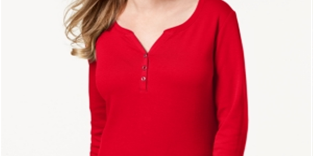 Karen Scott Women's Cotton Henley Neck Top Red Size Petite X-Large