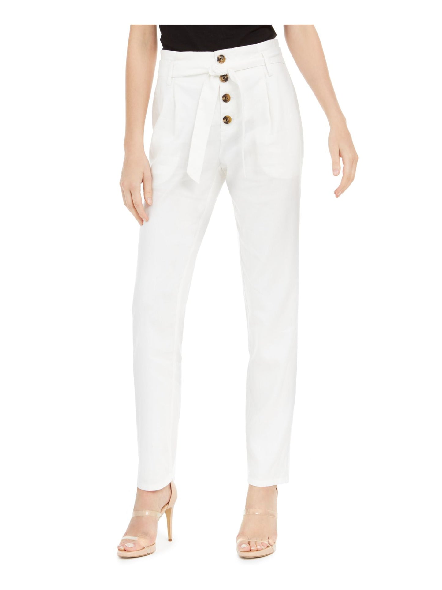INC International Concepts Women's Paper Bag Waist Tapered Pants White Size 14 Petite