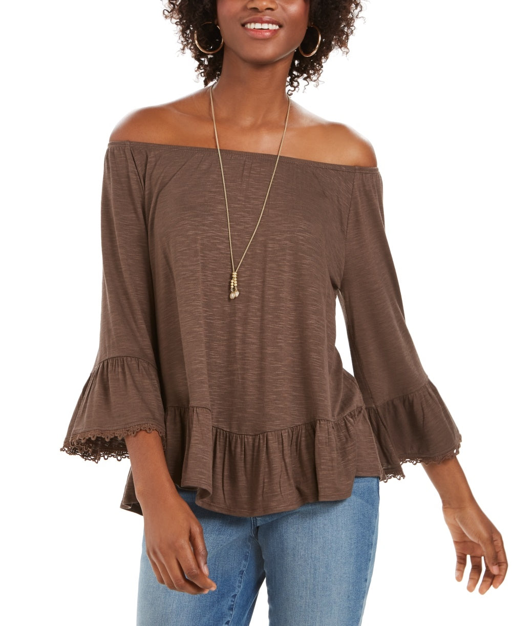 Style & Co Women's Off The Shoulder Bell Sleeve Top Brown Size Small