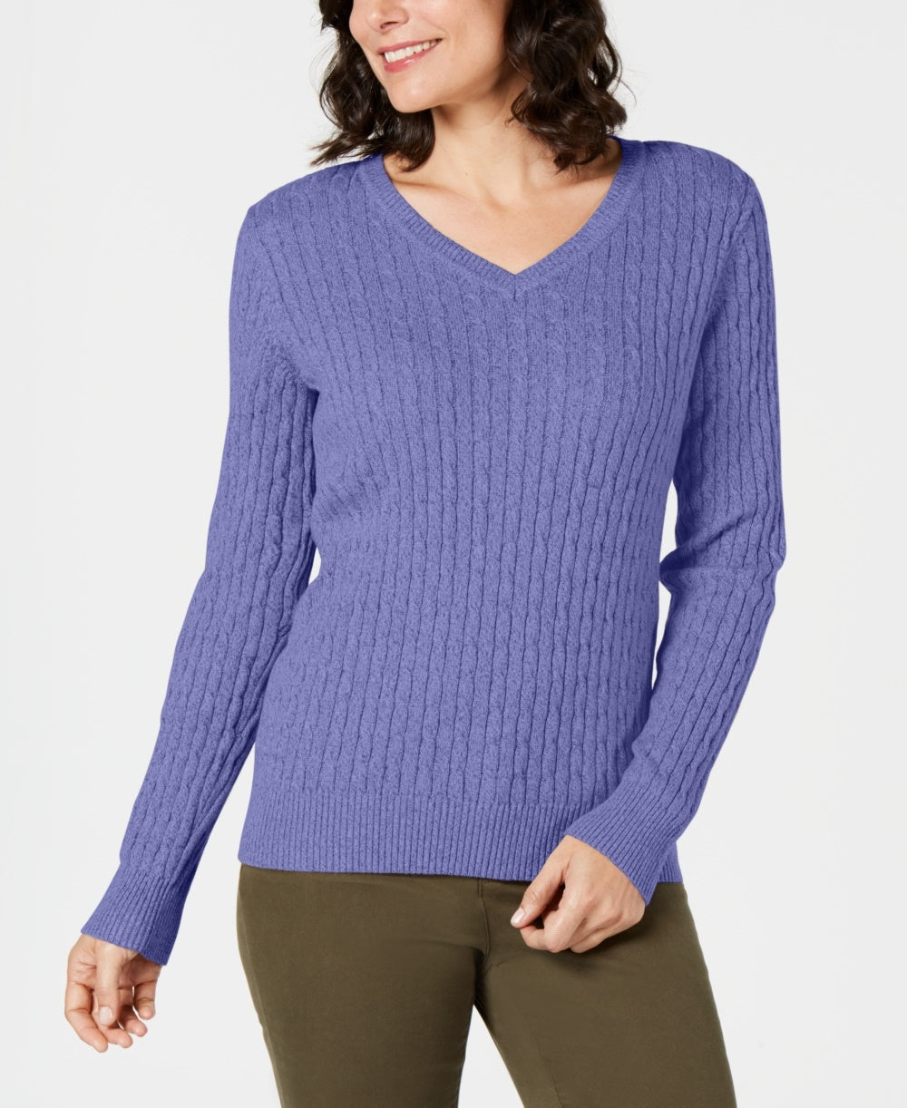 Karen Scott Women's Petite Cotton Cable-Knit Sweater Purple Size PM