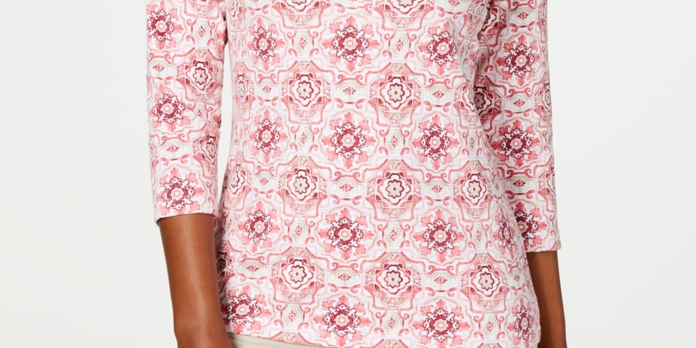 Karen Scott Women's Printed 3/4 Sleeve Henley Top Pink Size Petite Small