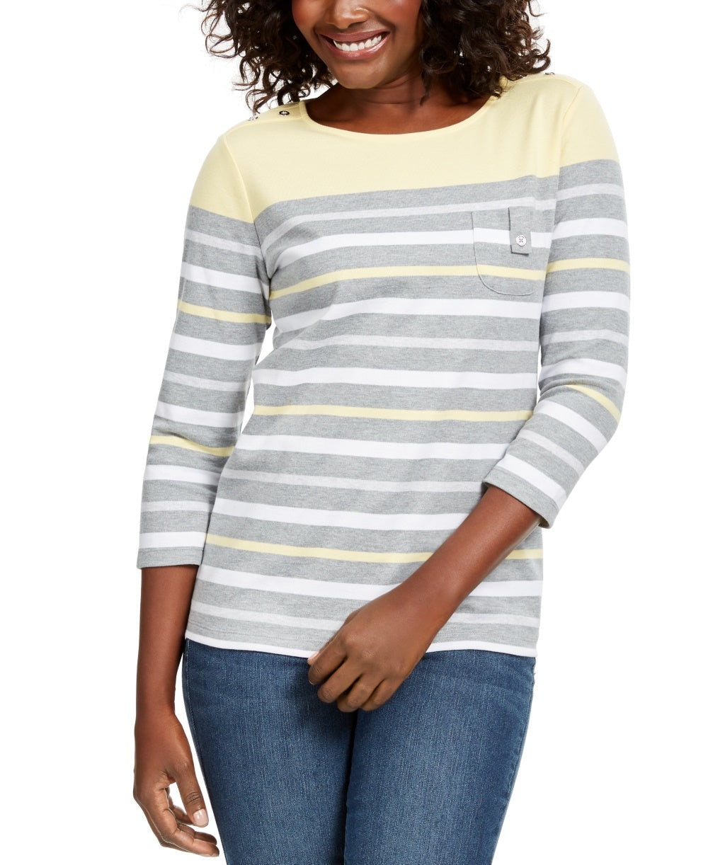Karen Scott Women's Sport Striped 3/4 Sleeve Top  Yellow Size Small