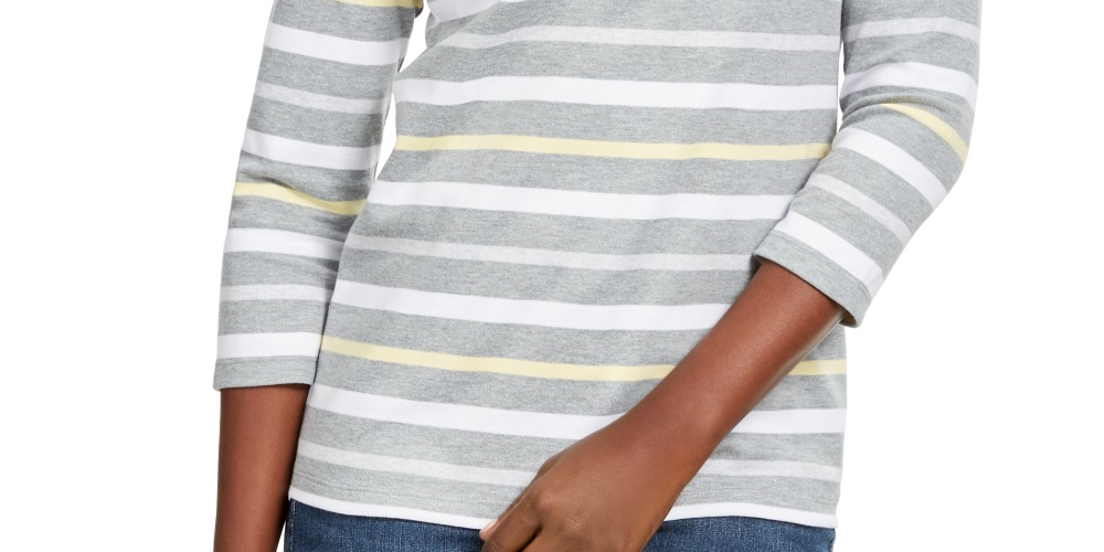 Karen Scott Women's Sport Striped 3/4 Sleeve Top  Yellow Size Small