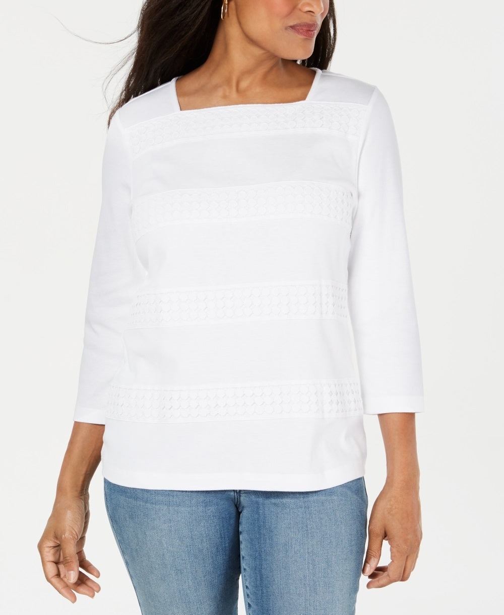 Karen Scott Women's Lace Square Neck 3/4 Sleeve Top White Size Petite L