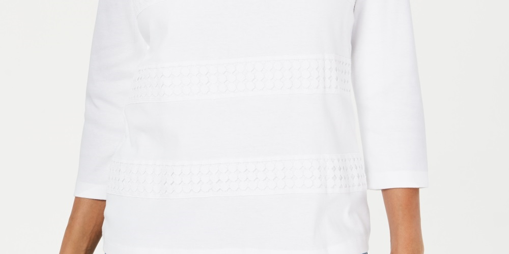 Karen Scott Women's Lace Square Neck 3/4 Sleeve Top White Size Petite L