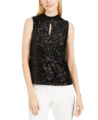 Calvin Klein Women's Sequin Mock Neck Keyhole Top Black Size Medium