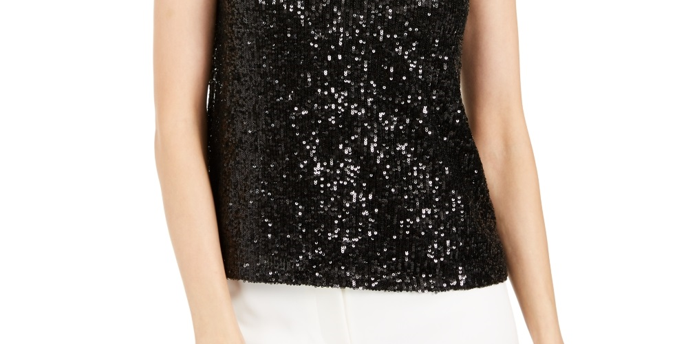Calvin Klein Women's Sequin Mock Neck Keyhole Top Black Size Medium