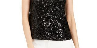 Calvin Klein Women's Sequin Mock Neck Keyhole Top Black Size Medium