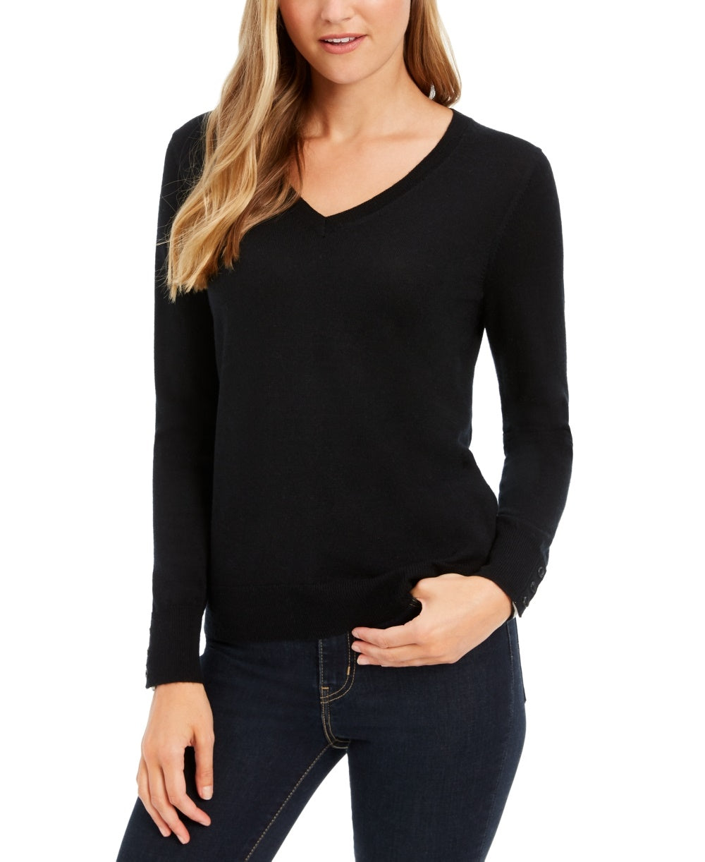 Charter Club Women's Merino Wool Button Cuff V Neck Sweater Black Size Large