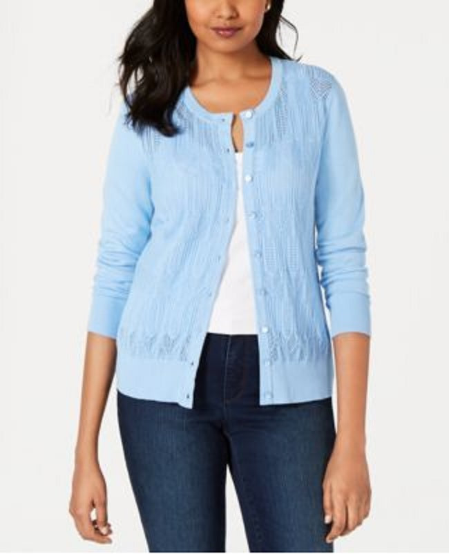 Charter Club Women's Pointelle Knit Cardigan Blue Size X-Large