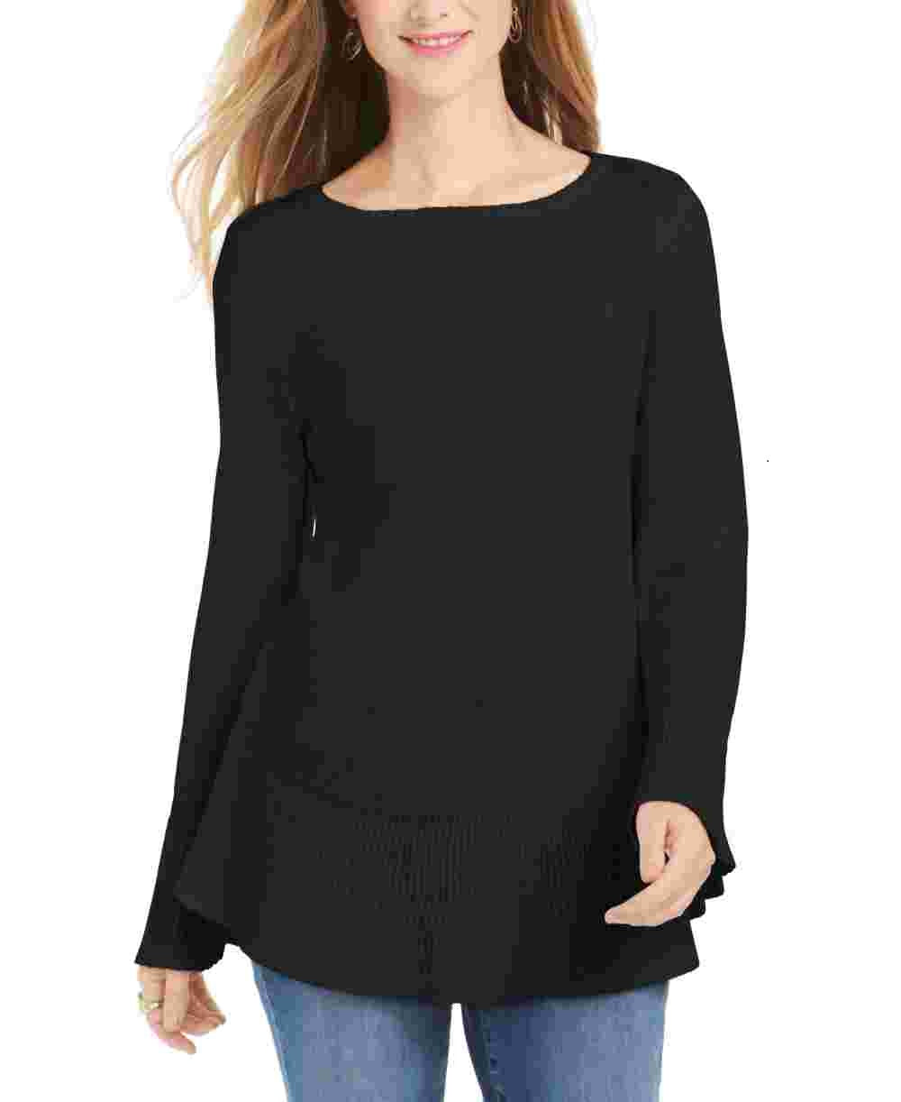 Style & Co Women's Ribbed Patterned Long Sleeve Jewel Neck Blouse Sweater Black Size PL