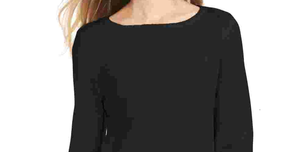 Style & Co Women's Ribbed Patterned Long Sleeve Jewel Neck Blouse Sweater Black Size PL