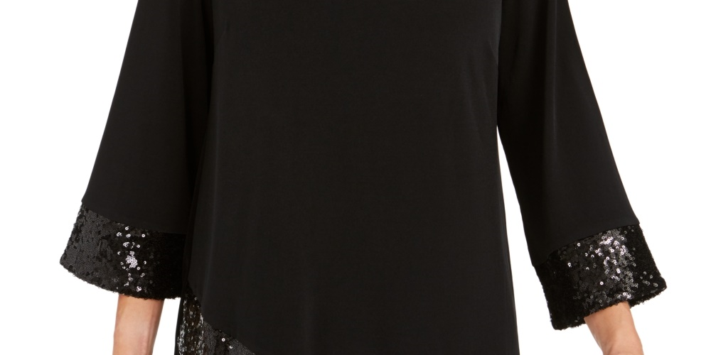 JM Collection Women's Sequined Hem Crossover Hem Top Black Size Small