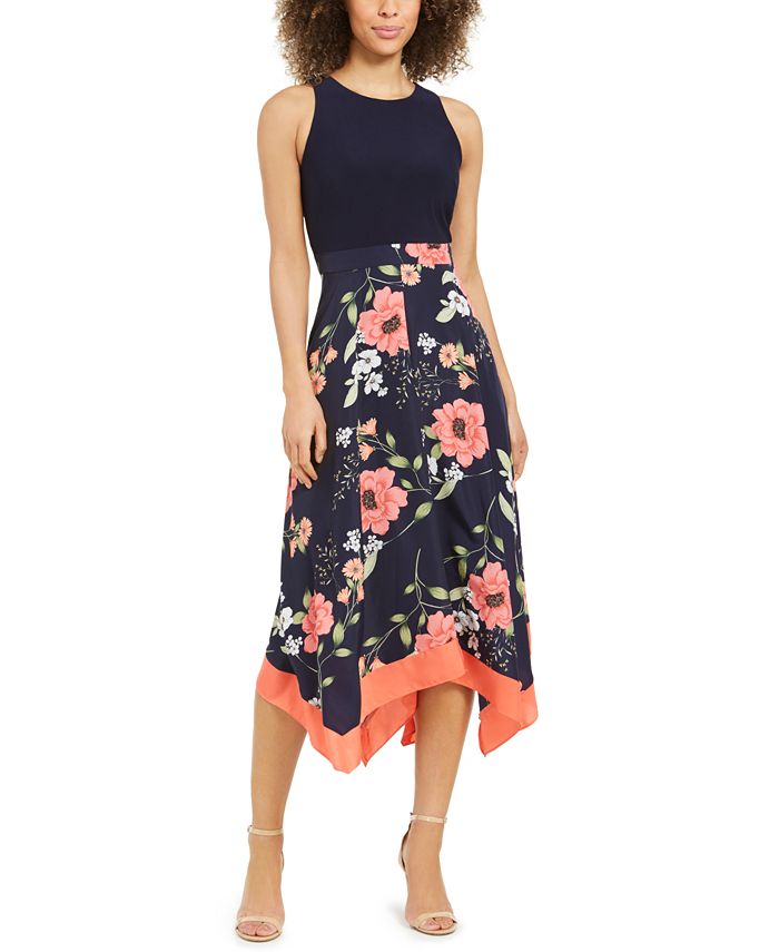 Vince Camuto Women's Printed Crepe De Chine Twofer MIDI with Jersey Bodice Blue Size 12