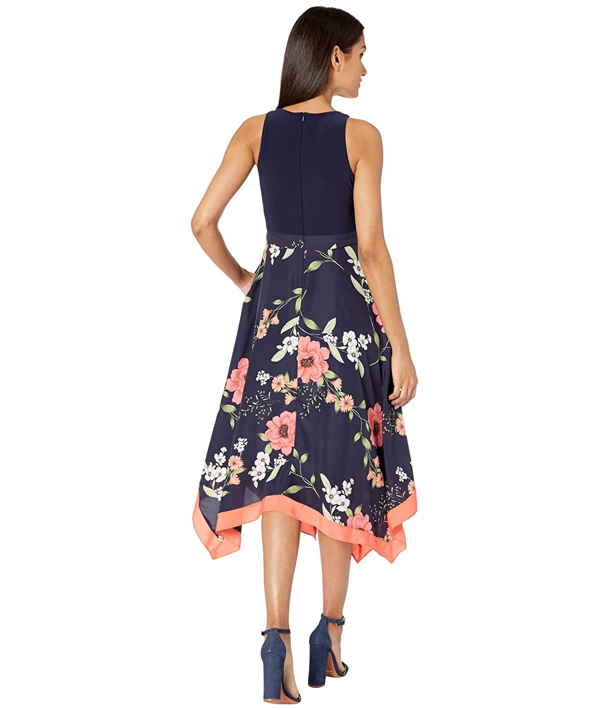 Vince Camuto Women's Printed Crepe De Chine Twofer MIDI with Jersey Bodice Blue Size 12