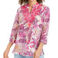Charter Club Women's Linen Blend Embroidered Neck Printed Tunic Pink Size X-Large