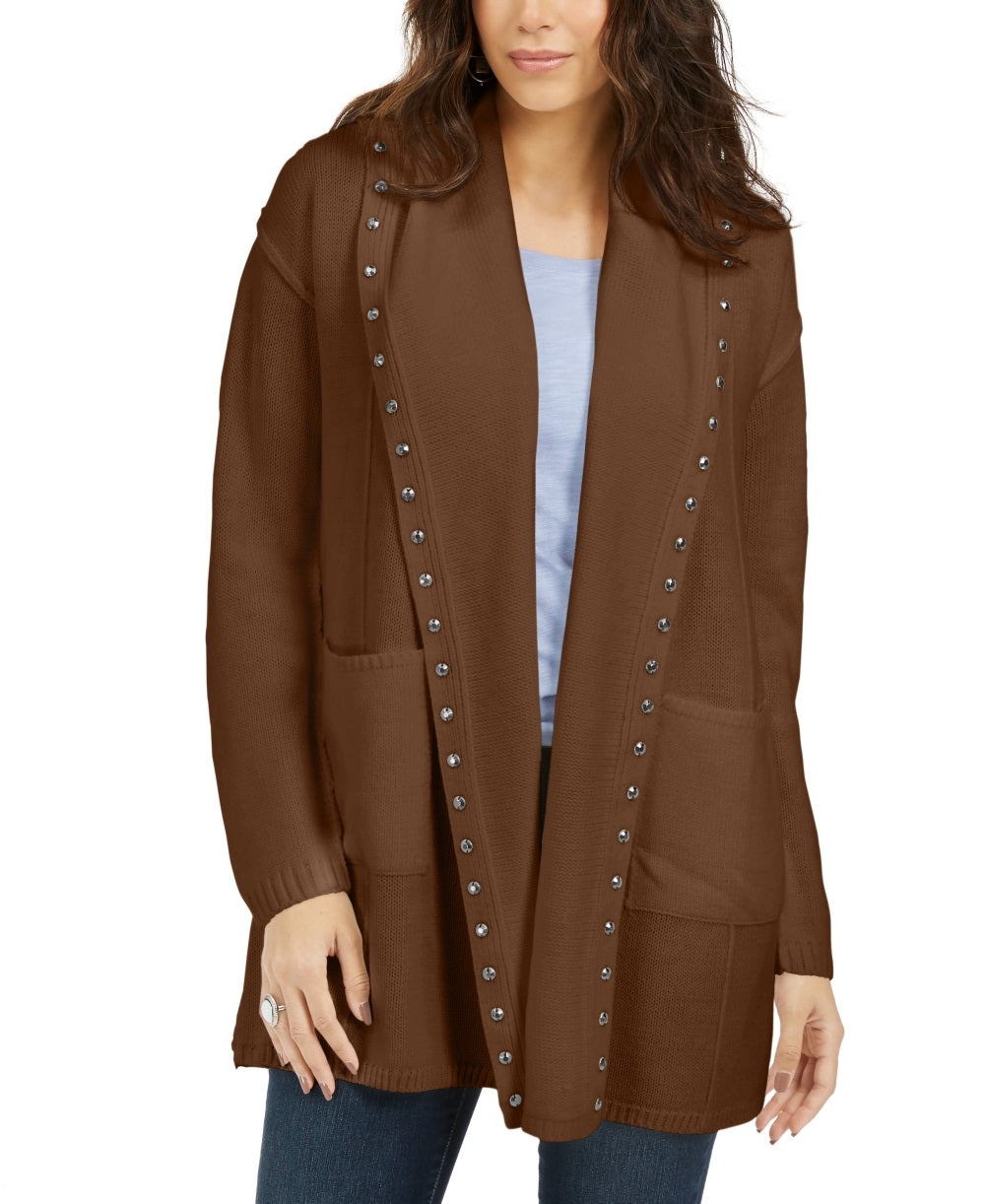 Style & Co Women's Hooded Studded Cardigan Brown Size PM