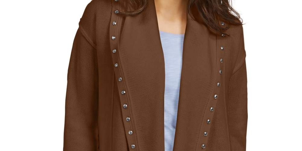 Style & Co Women's Hooded Studded Cardigan Brown Size PM